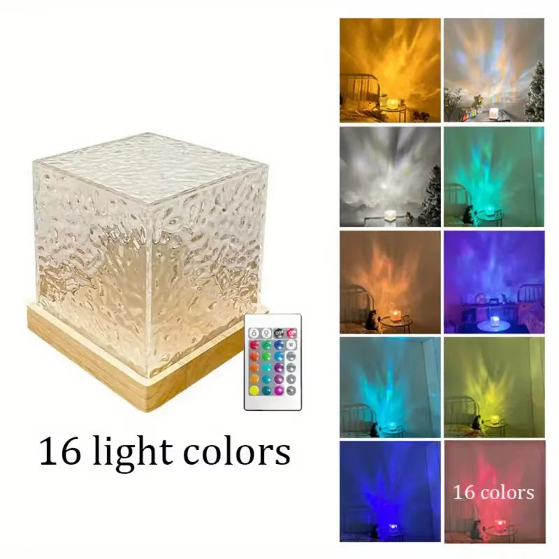 Elegant USB Square Night Light Cube - Decorative Rotating Water Ripple Crystal Table Lamp