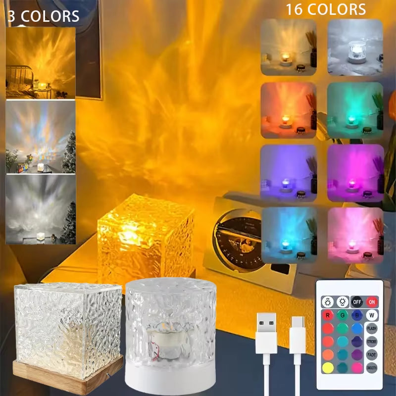 Elegant USB Square Night Light Cube - Decorative Rotating Water Ripple Crystal Table Lamp