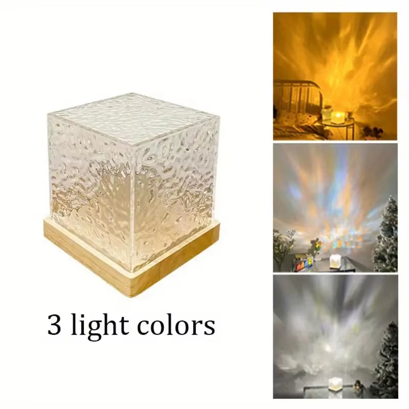 Elegant USB Square Night Light Cube - Decorative Rotating Water Ripple Crystal Table Lamp