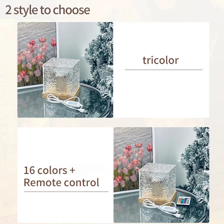 Elegant USB Square Night Light Cube - Decorative Rotating Water Ripple Crystal Table Lamp
