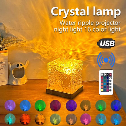 Elegant USB Square Night Light Cube - Decorative Rotating Water Ripple Crystal Table Lamp